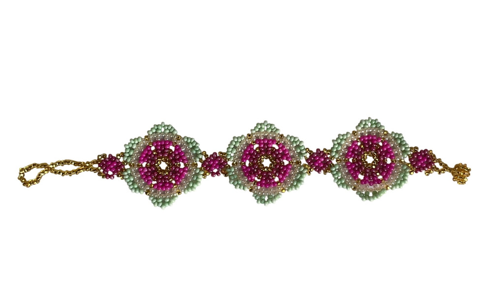 Handmade Huichol Style Artisan   Beaded Bracelet Pink & Mint Floral Design New
